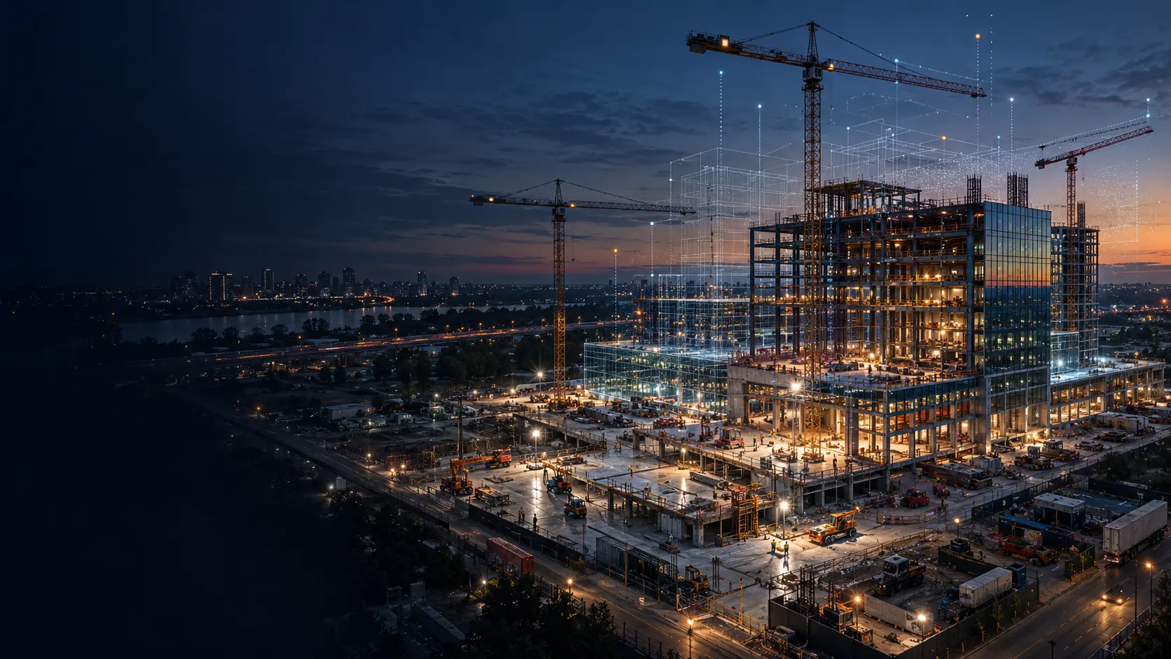 Concept illustration of a construction site with digital engineering overlays